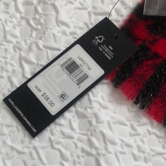 Karl Lagerfeld Crimson & Black Plaid Rectangular Scarf Eiffel Tower Patch NWT - Picture 3 of 16